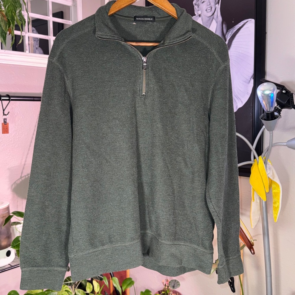 Banana Republic Quarter Zip Pullover Mens L Green Ribbed Knit Sweater Classic